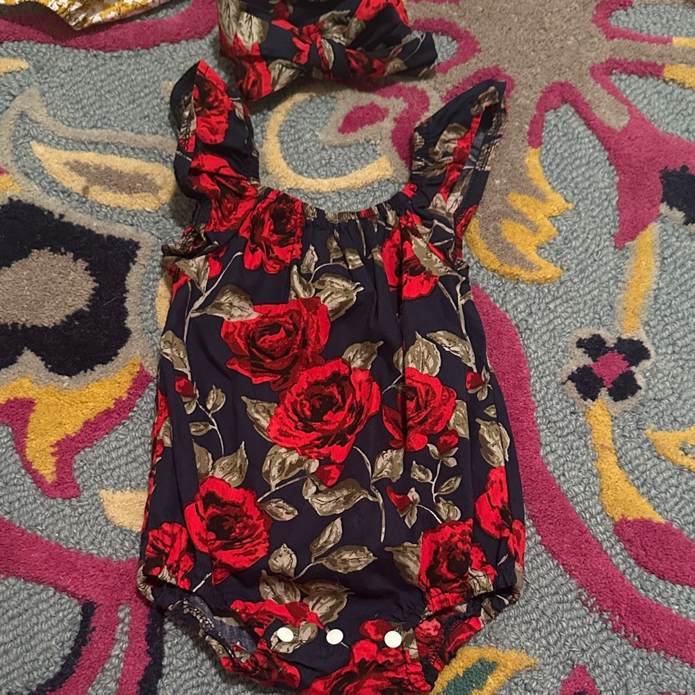 Floral Baby Romper with Red Roses